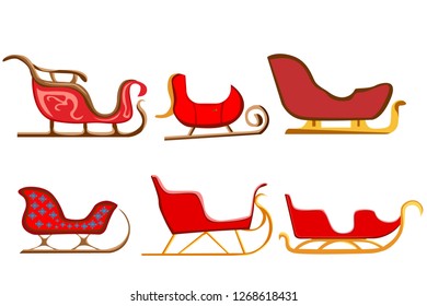 Set of six sleighs santa claus, beautiful sleigh, red color. Illustration on white background.