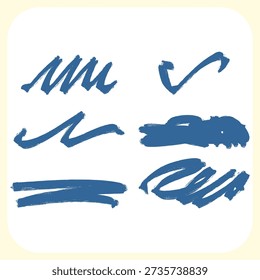 Conjunto de Seis Pequenos Traços de Marcador Azul. Coleção de Pincéis Abstratos Desenhados À Mão para Detalhamento de Graffiti.