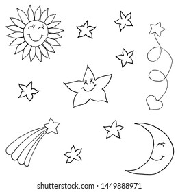 Set of six small stars, one big star, sun, moon, rising star and star with a heart. Monochrome doodle sketch, hand drawing. Black outline on white background. Vector illustration