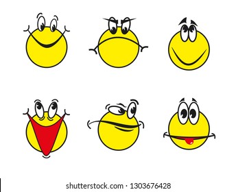 Set of six smiley icons with different emotions, five smiling and one angry
