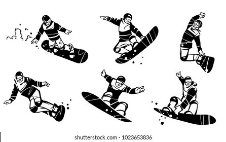 Un conjunto de seis snowboarders. Ilustración dibujada a mano.