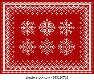 Set of six snowflakes frame on seamless knitted texture