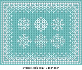 Set of six snowflakes frame on seamless knitted texture