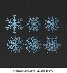 Satz von sechs Schneeflocken mit einem weichen blauen Farbverlauf Diese eleganten Winterelemente sind auf dunklem, transparentem Hintergrund isoliert und perfekt für Weihnachtsgrußkarten, Urlaubsmuster, saisonale Markenbildung und festliches Webdesign