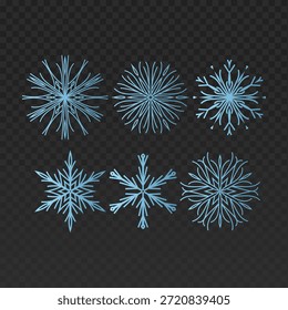 Satz von sechs Schneeflocken mit einem weichen blauen Farbverlauf Diese eleganten Winterelemente sind auf dunklem, transparentem Hintergrund isoliert und perfekt für Weihnachtsgrußkarten, Urlaubsmuster, saisonale Markenbildung und festliches Webdesign