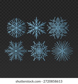 Satz von sechs Schneeflocken mit einem weichen blauen Farbverlauf Diese eleganten Winterelemente sind auf dunklem, transparentem Hintergrund isoliert und perfekt für Weihnachtsgrußkarten, Urlaubsmuster, saisonale Markenbildung und festliches Webdesign