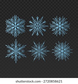 Satz von sechs Schneeflocken mit einem weichen blauen Farbverlauf Diese eleganten Winterelemente sind auf dunklem, transparentem Hintergrund isoliert und perfekt für Weihnachtsgrußkarten, Urlaubsmuster, saisonale Markenbildung und festliches Webdesign