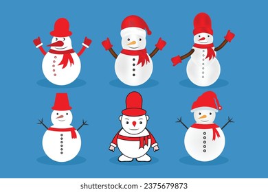 Set of Six Snowmen Isolated on Blue Background. Flat Design Style