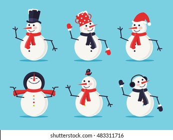 Set of Six Snowmen Isolated on Blue Background. Flat Design Style. 