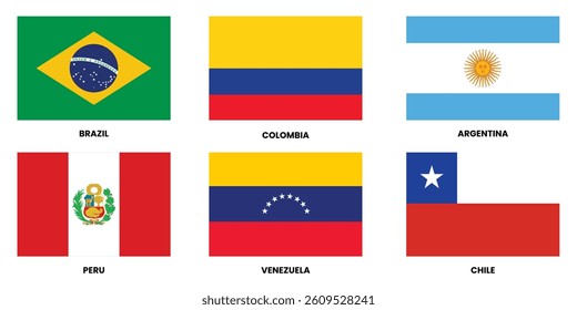 Set of six South American national flags, including Brazil, Colombia, Argentina, Peru, Venezuela, and Chile. Vector design representing culture, heritage, identity, and patriotism.