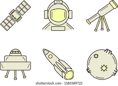 Set of six space icons: artificial satellite, spacesuit, telescope, rocket carrier, asteroid with a crater, alien ship.