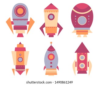Set of six space rockets in a flat style. Simple elements for print, design.