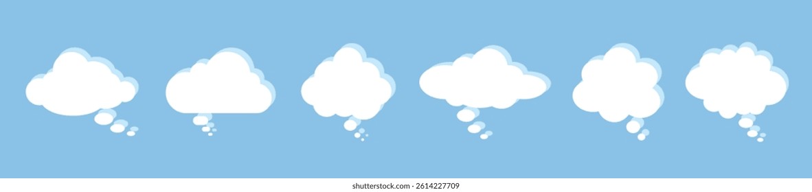 A set of six speech bubbles with a shadow on a blue background. White clouds. Vector illustration.