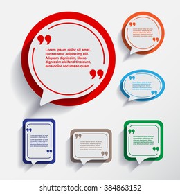Set of six speech information bubbles for design.
Quotes and brackets.
Message typography.
Flat design with Long shadow. 
 Vector illustration. 