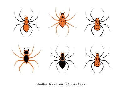 Conjunto de seis ilustrações do vetor Spider em um fundo branco. Aranhas do Halloween em cores pretas e laranja.