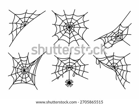 Set of six spider webs in various shapes and styles, including a hanging spider.