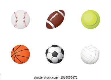 Set Of Six Sports Balls For Baseball, Football, Tennis, Basketball, Soccer And Volleyball Vector Illustration