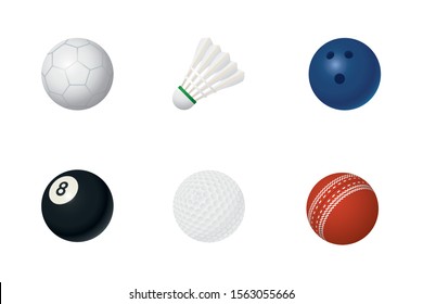 Juego de seis bolas deportivas para balonmano, bádminton, boliche, billar, golf y vectores de cricket