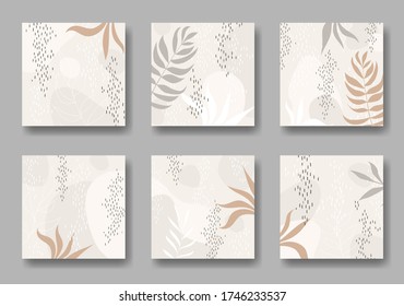 set of six square background with abstract forms, dots and leaves