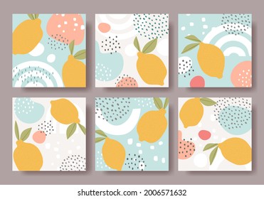 Set of six square backgrounds with abstract ornaments and lemon fruits