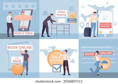 Set of six square book now compositions of flat human characters text bars and tourism silhouettes vector illustration