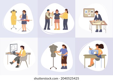 Set of six square clothes factory compositions with production stages flat human characters and tailoring eqipment vector illustration
