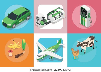 Set von sechs quadratischen Kompositionen mit Symbolen von Öko-Transportfahrzeugen Tiere Kraftstoff Spalte und Abfallvektorgrafik