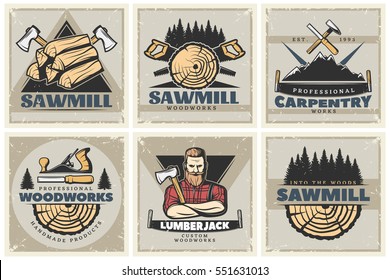 Set of six square lumberjack posters with professional woodworks labels sawmill emblems and wood decorative symbols vector illustration