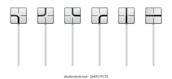 Um conjunto de seis sinais de estrada quadrados montados em postes, cada um representando uma configuração de interseção diferente com linhas pretas em um fundo branco, fornecendo pistas de navegação.