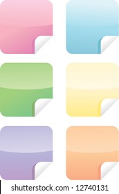 Set of six square-shaped web stickers (with paper curl) in soft colors (vector)