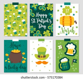 Set of six St. Patrick's Day cards with beer glasses, clover, barrel, pot of gold, hat, moustache and flags. Perfect for holiday greetings, prints, placards