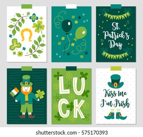 Set of six St. Patrick's Day cards with horseshoe, clover, balloons, garlands, leprechaun, hat, shoes, flag and letters. Perfect for holiday greetings, prints, placards