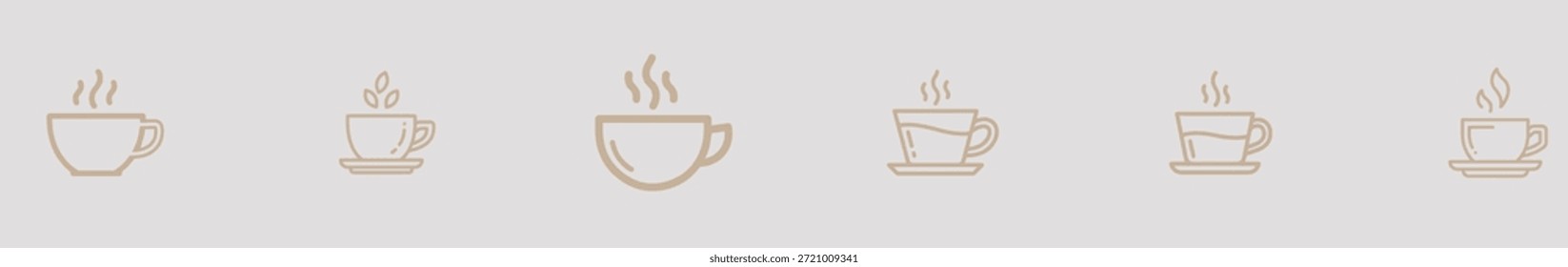 Un conjunto de seis iconos de taza humeante sobre un fondo gris para su uso en un diseño o gráfico
