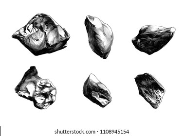 set of six stones of different shapes, sketch vector graphics monochrome illustration