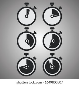 Conjunto de seis cronómetros con sectores de 10 a 60 segundos en diseño plano. Ilustración vectorial, pasos 10.