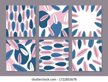 A set of SIX stories templates with abstract botanical and organic shapes in pink and blue. Universal templates for invitation. Cards with hand drawn shapes and texture.