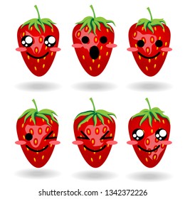 Set of six strawberries with different faces, emotions.