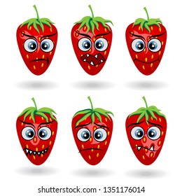 Set of six strawberries with different faces, emotions.