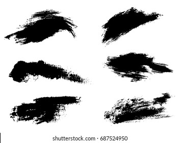 Set of six strokes of paint textured, grunge, black isolated on white background. Vector illustration.