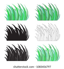 set of six style green grass, silhouette, black and white cartoon object on white background, vector illustration [Converted]