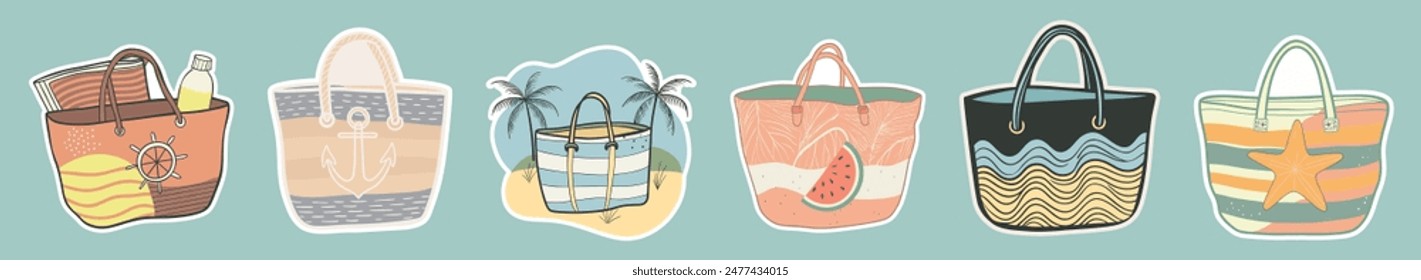 Set of six stylish beach tote bags stickers, soft, pastel color schemes, designs of anchors, watermelons, sunscreen, starfish, towel and beach scenes. travel, road, luggage