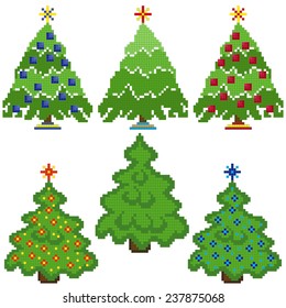 Set of six stylish Christmas Trees with chequered mosaic structure on a white background, vector illustration