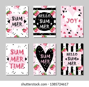 Set of six stylish, summer cards in pink, white and black colors with the text "hello summer", "joy", "summer time". Vector illustration.