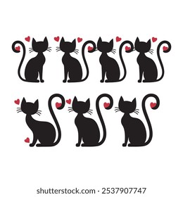 A set of six stylized black cat silhouettes in a minimalist, cartoon-like design, arranged in two rows. Each cat has a unique pose, with elegant, curled tails and pointed ears. Small red hearts are in