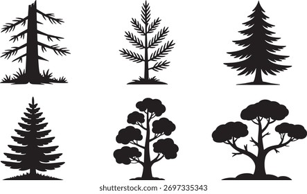 Conjunto de seis siluetas de árbol negro estilizado sobre un fondo blanco