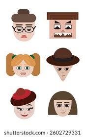 A set of six stylized cartoon faces with unique expressions and geometric shapes. Perfect for avatars, UI design, social media, and character illustrations. Flat vector style with diverse emotions.