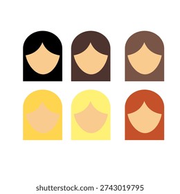 Set of six stylized female head silhouettes in minimalist vector style, featuring different hair colors and skin tones.