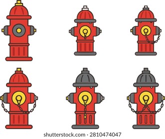 A set of six stylized fire hydrant icons featuring a minimalist flat vector design. These graphics are suitable for fire safety education, urban planning infographics, and municipal website design.
