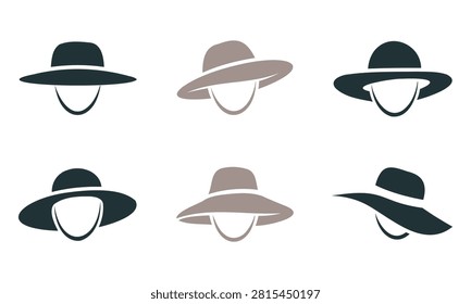 Set of six stylized flat iconographic representations of widebrimmed hats with faces isolated on transparent background