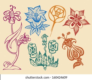 Set of six stylized flowers of different colors